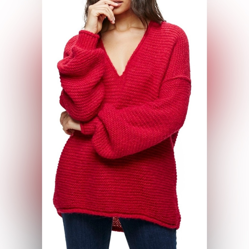 Free People All Mine Oversized V Neck Knit Sweater Red Size XS Boho Fall
